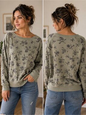 Grayson Threads Olive Green Sweatshirt with Gray Skull Pattern